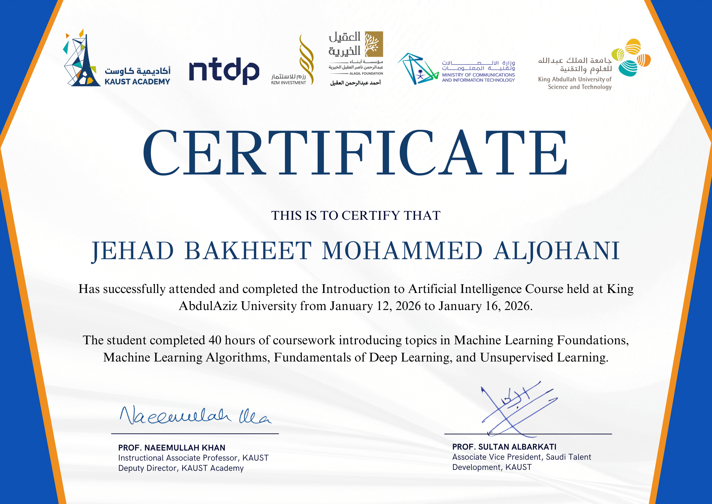 Certificate of Completion of Stage 2 of KAUST Academy AI Specialization Program